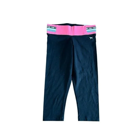 Victoria Secret Pink Yoga Flat Crop Legging Pink/Black NWT Size M Logo Stretch - Picture 1 of 6